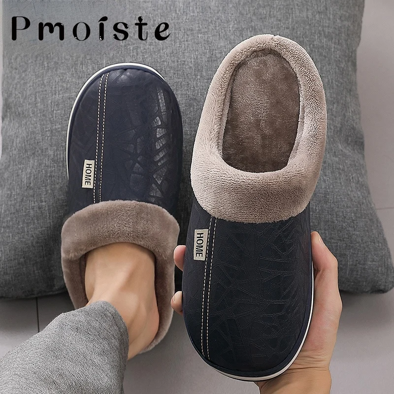 Top Trends: Winter Home Slippers For Men Memory Foam Massage House Slippers With Fur PU Leather Waterproof Indoor Male Slipper Plus Size 51 Shoppable Styles