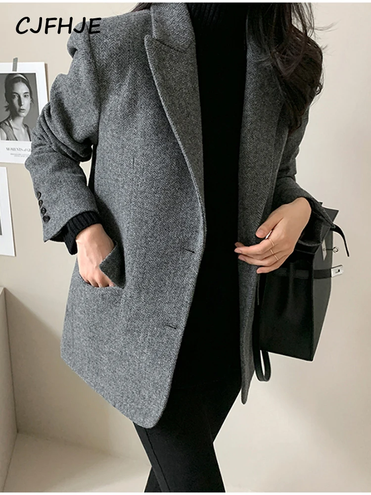 Top Trends: CJFHJE10% Wool Blazer Coat Autumn Winter New Women Elegant Single-Breasted Pocket Office Wear Notched Collar Thick Blazer Coat Shoppable Styles - Image 4