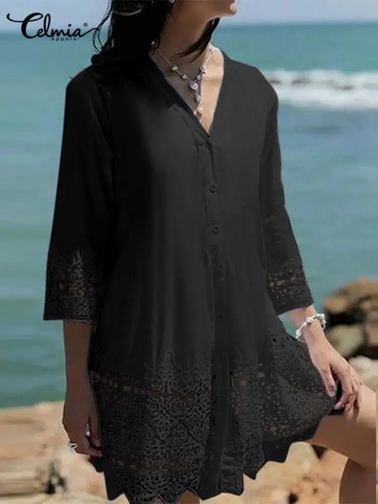 Top Trends: Leisure V-neck Mini Dress Celmia Summer Women Elegant Hollow Out Lace Sundress 3 / 4 Sleeve Short Vestido Holiday Solid Beach Robe Shoppable Styles