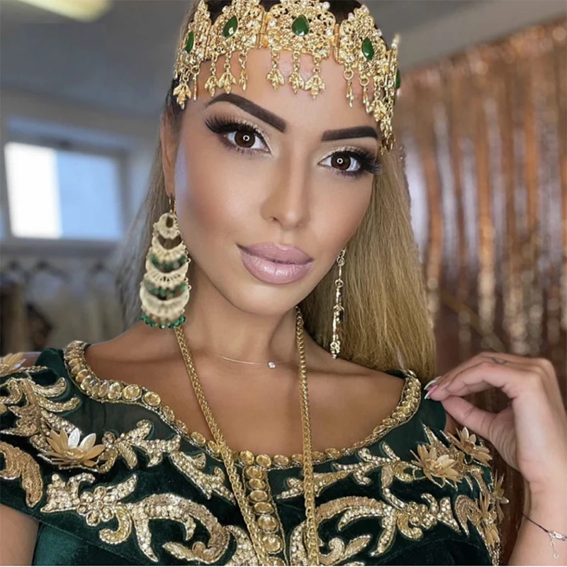 Top Trends: Water Drop Crystal Bridal Hair Chain Colorful Rhinestone Algerian Women Gold Plated Hair Jewelry Big Tiaras And Crowns Shoppable Styles