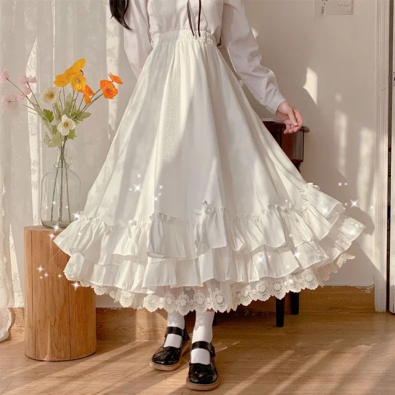 Top Trends: Japanese Solid Color Double Layer Vintage French Ruffled A-line Skirt Hepburn Style Black White Half Skirt Female Long Skirts Shoppable Styles