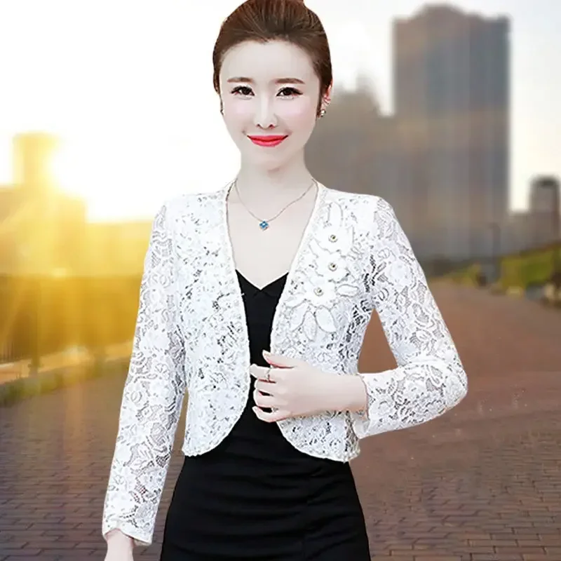 Top Trends: 2023 Women's Lace Top Sun Protection Short Jacket Spring Summer Lace Cardigan Thin Bead Embroidered Flowers Diamond Small Shawl Shoppable Styles