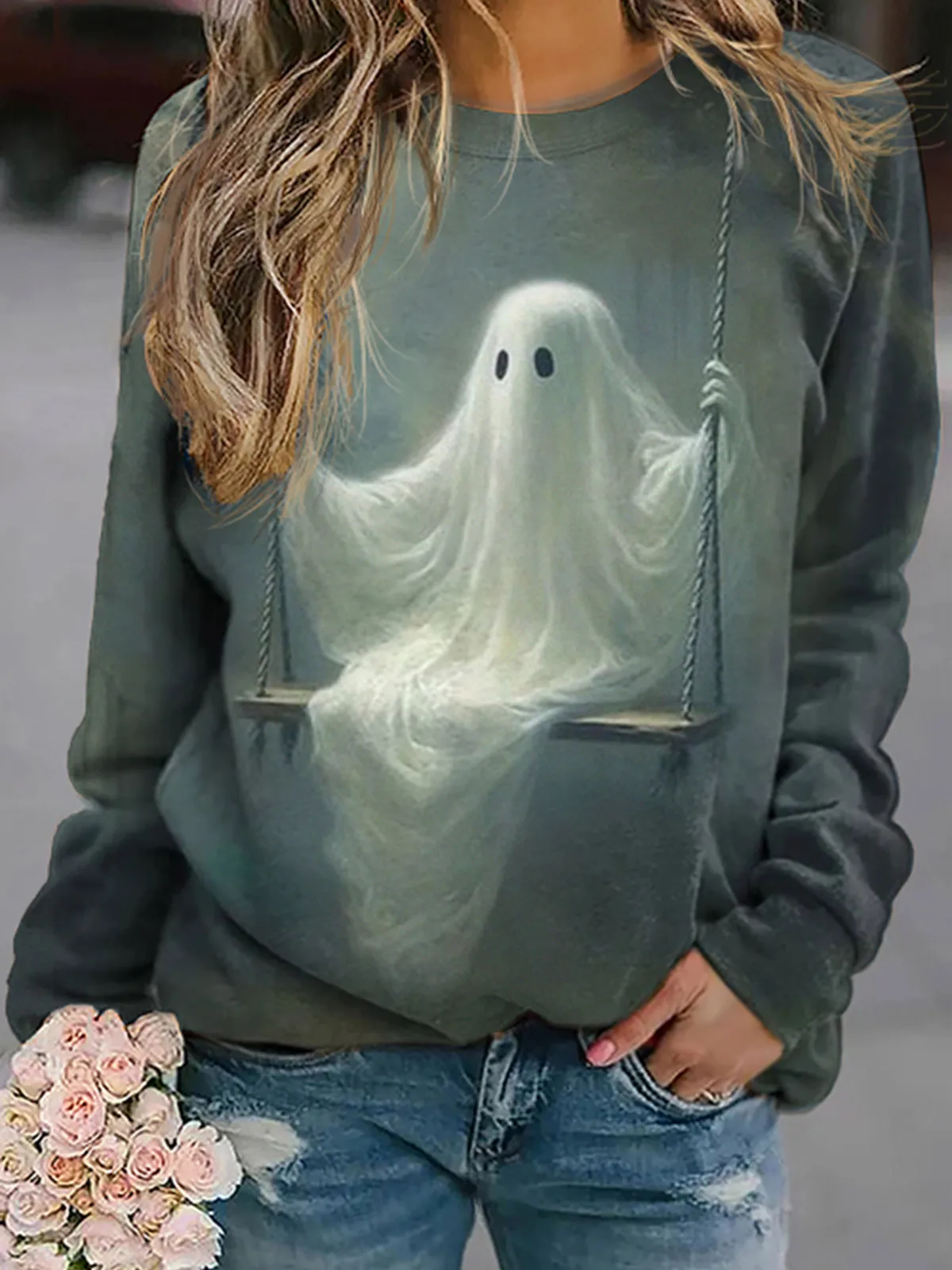 Top Trends: Halloween Ghost O-Neck Sweatshirt Green American Print Sweatshirt Women 2023 New Drape Lazy Trend Pullover Jacket Streetwear Shoppable Styles