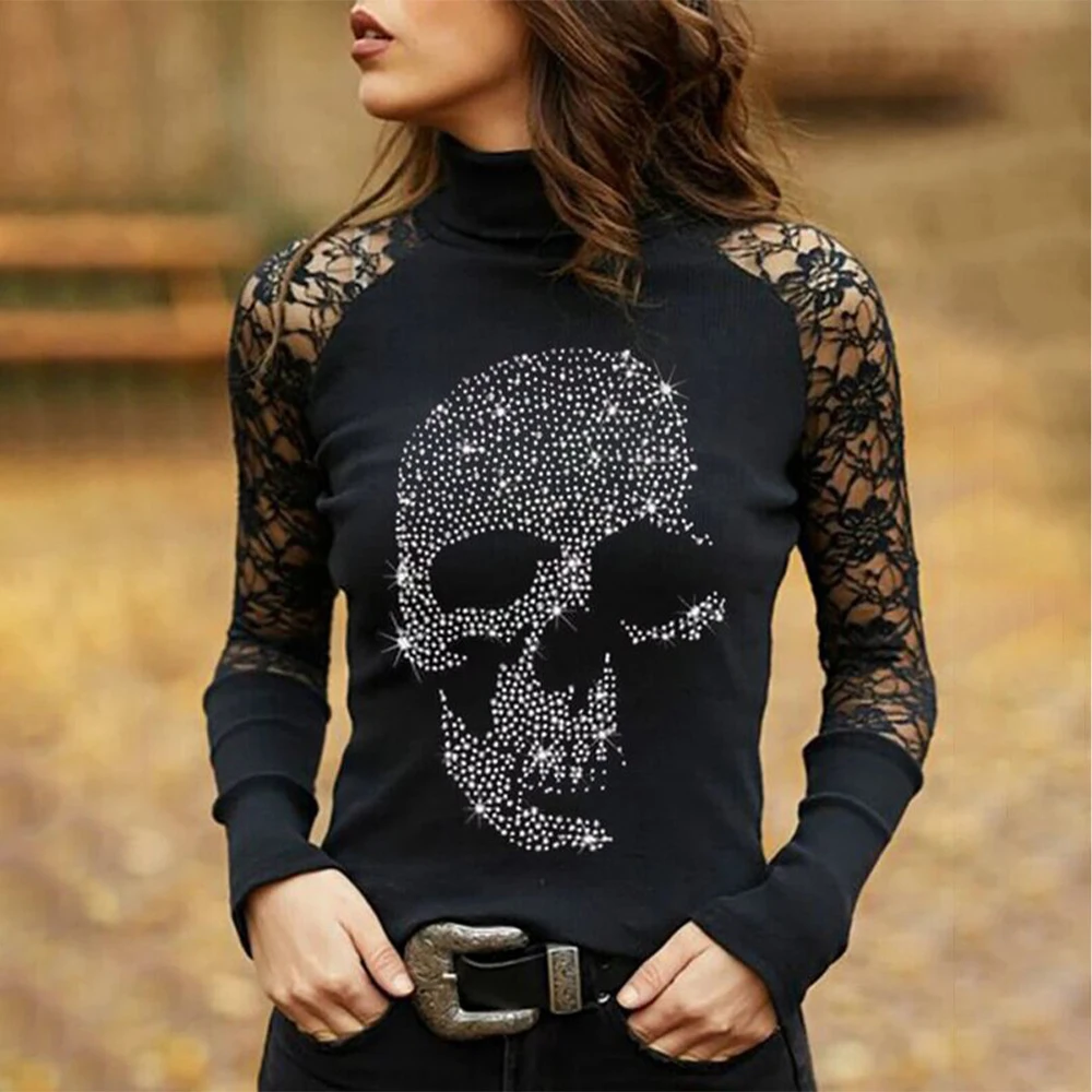 Top Trends: Fashion Skull Hot Drill Print Ladies T-Shirt Autumn Solid Lace Sexy Women TShirt Y2k Gothic Tee Long Sleeve Office Clothes Tops Shoppable Styles