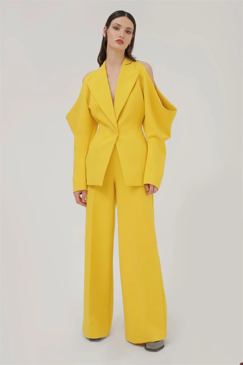 Top Trends: Sexy Yellow Women Suits Pants Set 2 Pcs Blazer V Neck Hollow Top Jacket Custom Size Prom Dress Fashion Hot Girl Streetwear Shoppable Styles