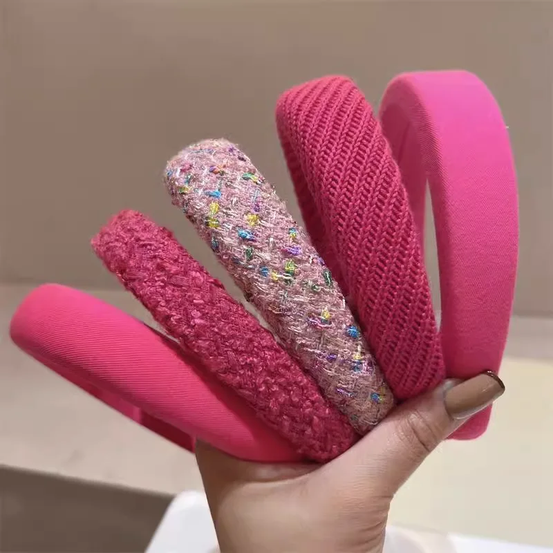 Top Trends: Fashion Rose Pink Tweed Sequin Headband Women Girl Twill Knit Y2K Pink Hair Accessories Vintage Hair Hoop Sponge Bezel Holder Shoppable Styles