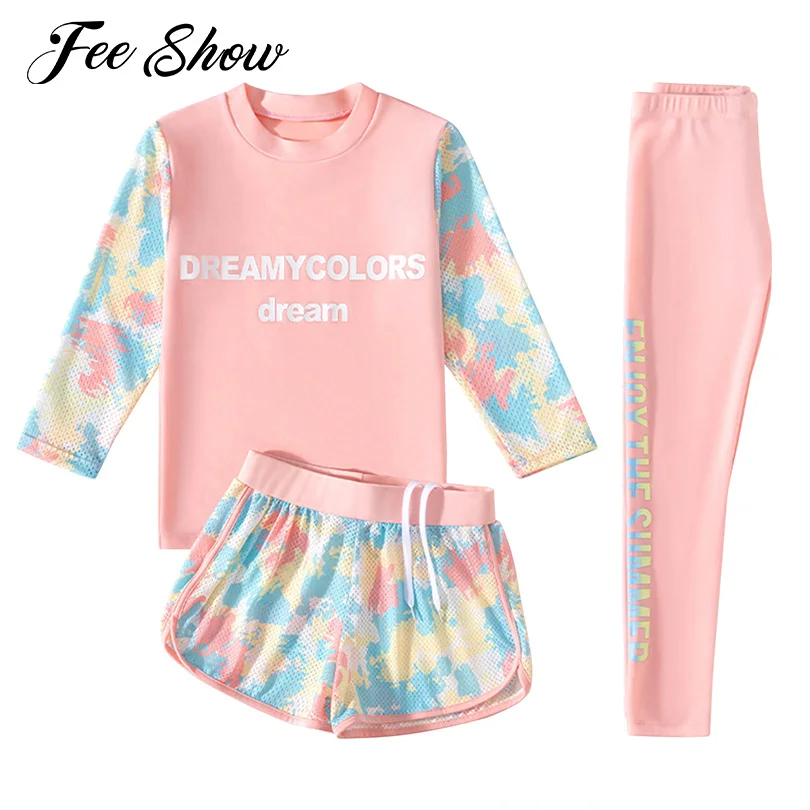 Top Trends: 3Pcs Kids Girls Colorful Print Swimsuit Swimwear Long Sleeve Top+ Shorts With Pants Set Sun Protection Rash Guard Swimming Outfit Shoppable Styles