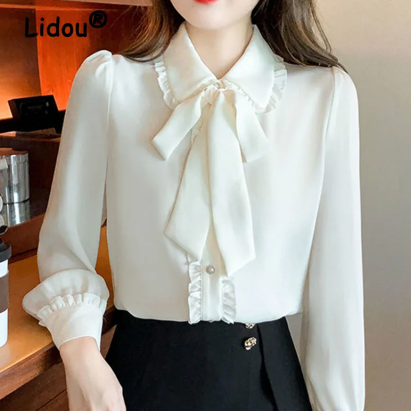 Top Trends: Bow Tie White Chiffon Shirt 2022 Spring Summer Korean Fashion Blouse Lace Elegant Long Sleeve Shirt For Female Casual Clothing Shoppable Styles