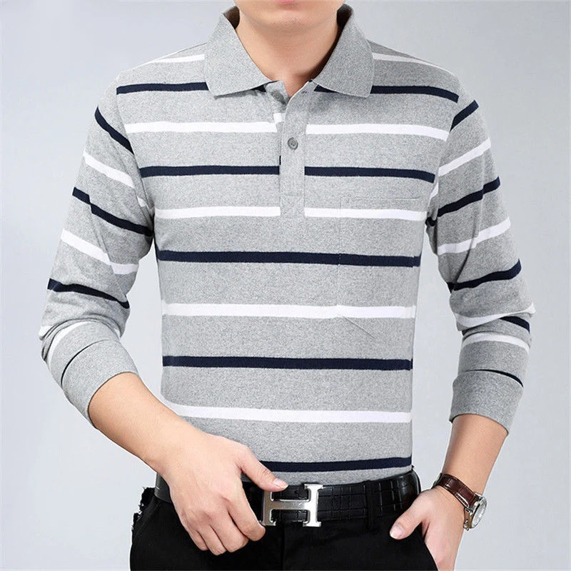 Top Trends: Spring Autumn Stripe Casual Fashion Polo Shirts Men Long Sleeve Loose Casual Tops All Match Pullover Korean Tees Male Clothes Shoppable Styles - Image 3