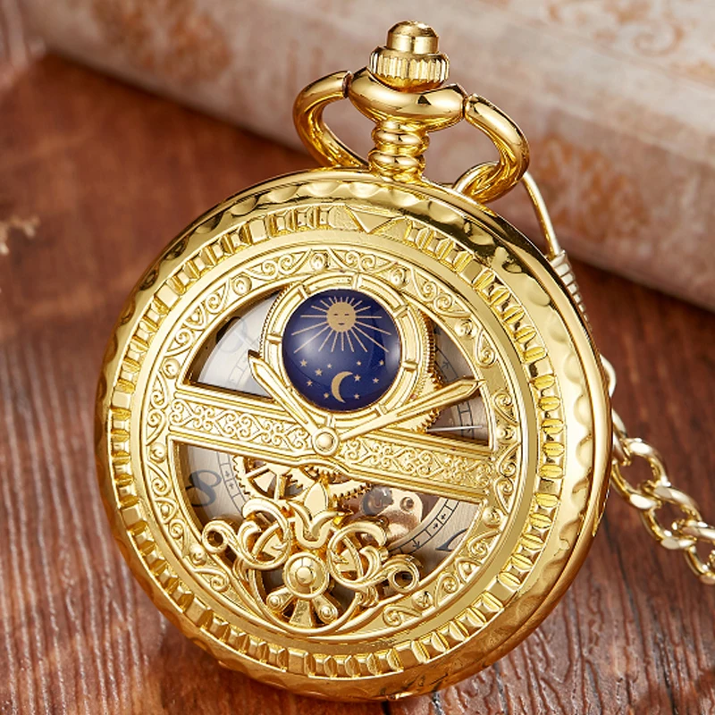 Top Trends: Hand-WInd Mechanical Pocket Watch Vintage Hollow Blue Moon Star Steampunk Skeleton Watch Roman Numerals Clock With Fob Chain Shoppable Styles