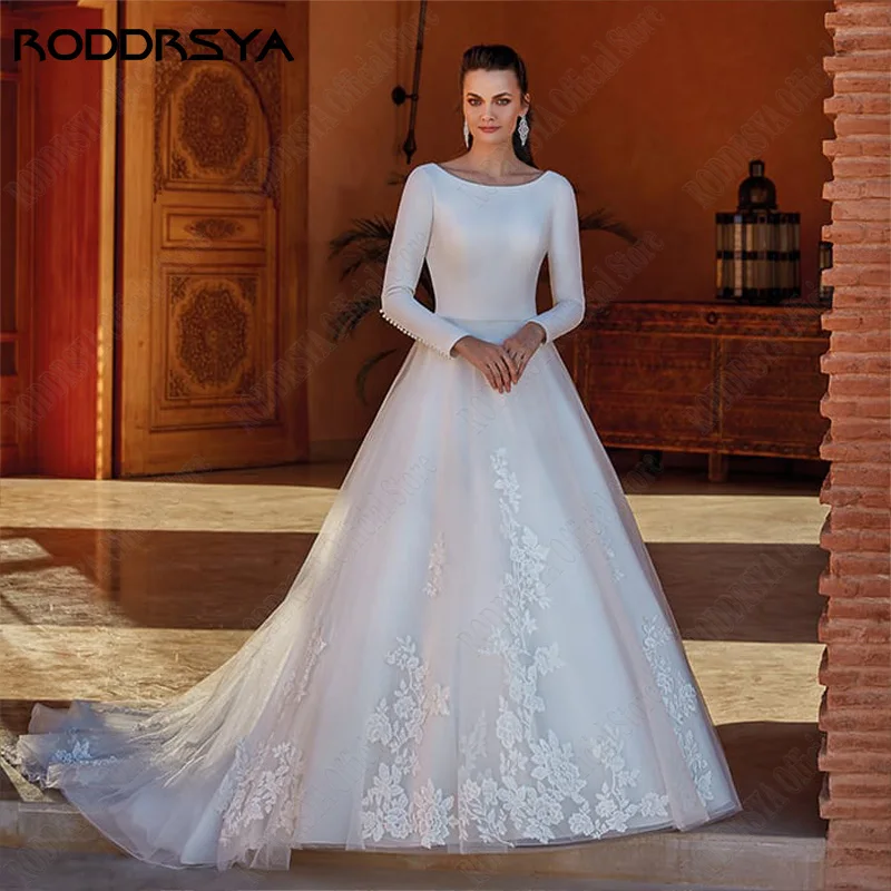 Top Trends: RODDRSYA Civil Scoop Neck Satin Wedding Dress Princess Backless Long Sleeve Bridal Gown Applique Tulle A Line Vestidos De Novia Shoppable Styles