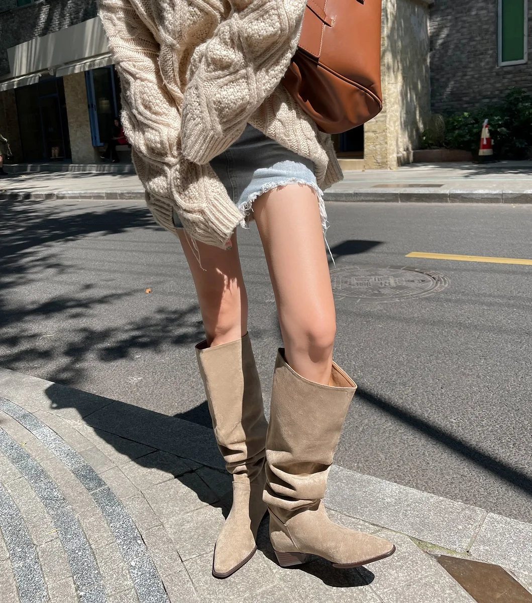 Top Trends: Knee- High Boots LadySlip On Simple Pleated Stretch Suede Winter Botas Big Circumference Spring Autumn Woman Boots Large Size43 Shoppable Styles - Image 5