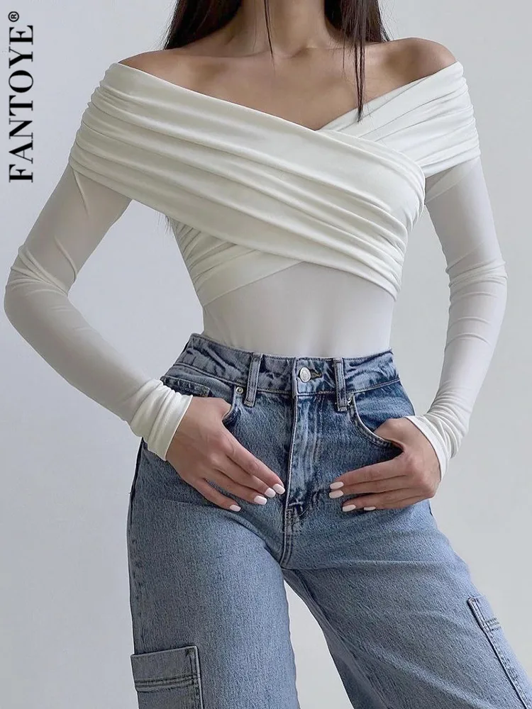 Top Trends: Fantoye Sexy Off Shoulder Ruched Women Bodysuit White Long Sleeve High Waist Playsuit Female Bodycon Casual Elegant Streetwear Shoppable Styles