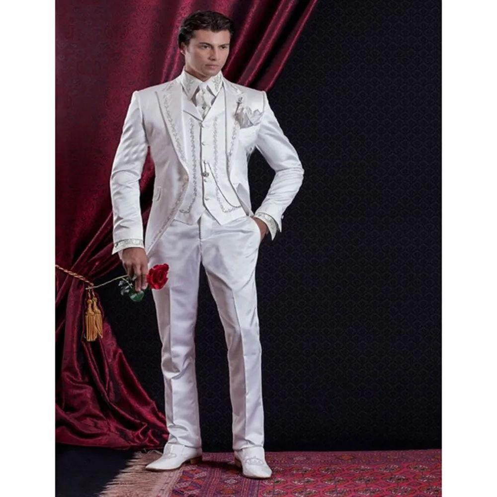 Top Trends: 2023 Embroidery Groomsmen Tuxedos (Jacket+ Pants+ Vest) White Groom Wedding Men Suit Set Prom Mens Suits Blazers Terno Masculino Shoppable Styles