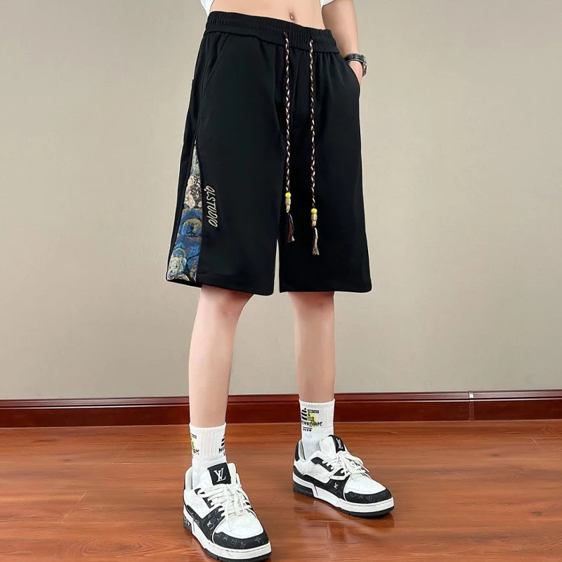 Top Trends: Streetwear Elastic Waist Loose Cargo Shorts Straight Lacing Temperament Simplicity Handsome Patchwork Printing Men's Clothing Shoppable Styles