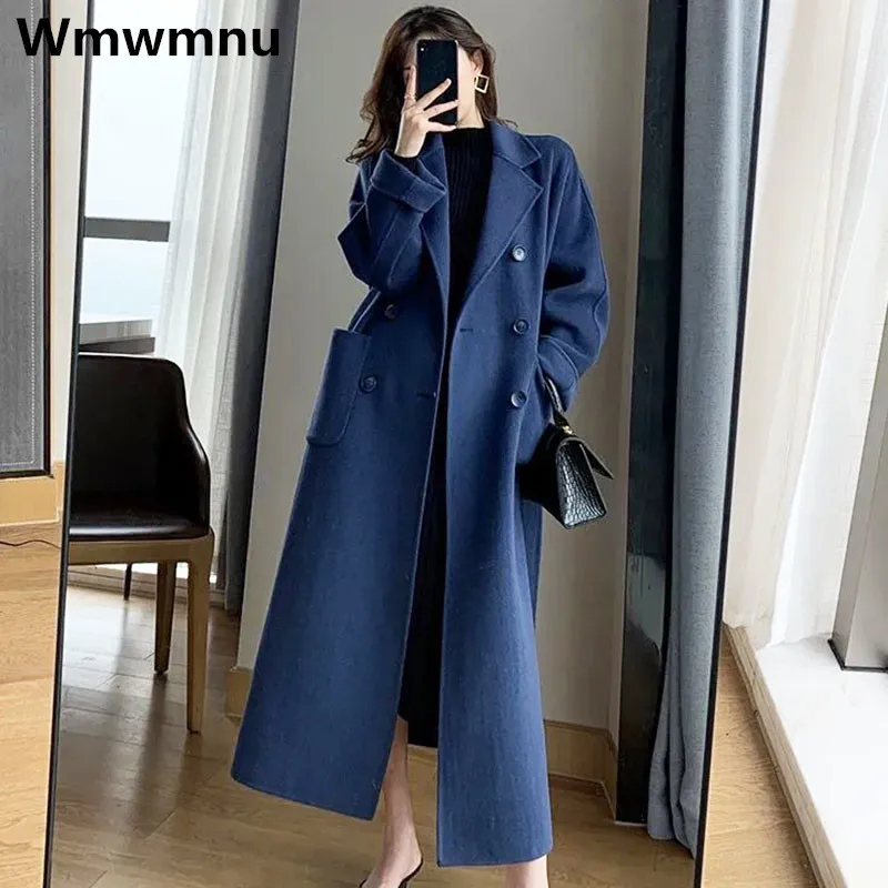 Top Trends: Winter Thicken Woolen Blends Coat Fashion Office Lady Double Breasted Long Trench Overcoat Loose Elegant Classic Belt Casacos Shoppable Styles