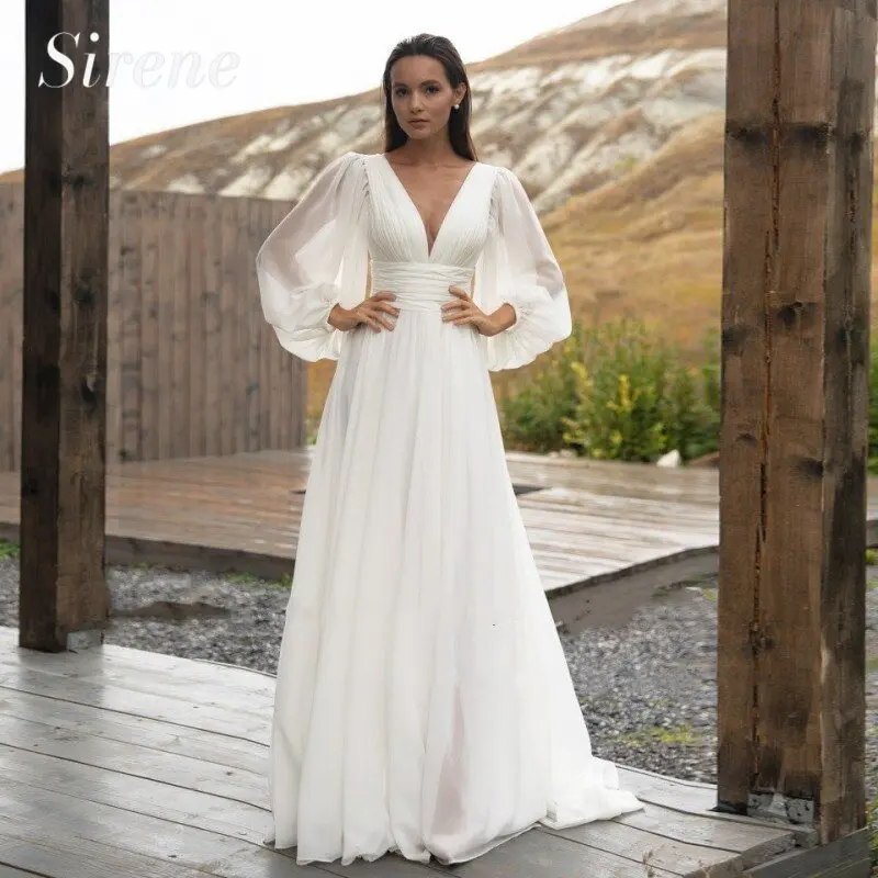 Top Trends: Elegant Wedding Dress Women 2024 A-Line White Chiffon Long Puff Sleeve Backless Pleat Bridal Gown Floor Length Vestidos De Novia Shoppable Styles