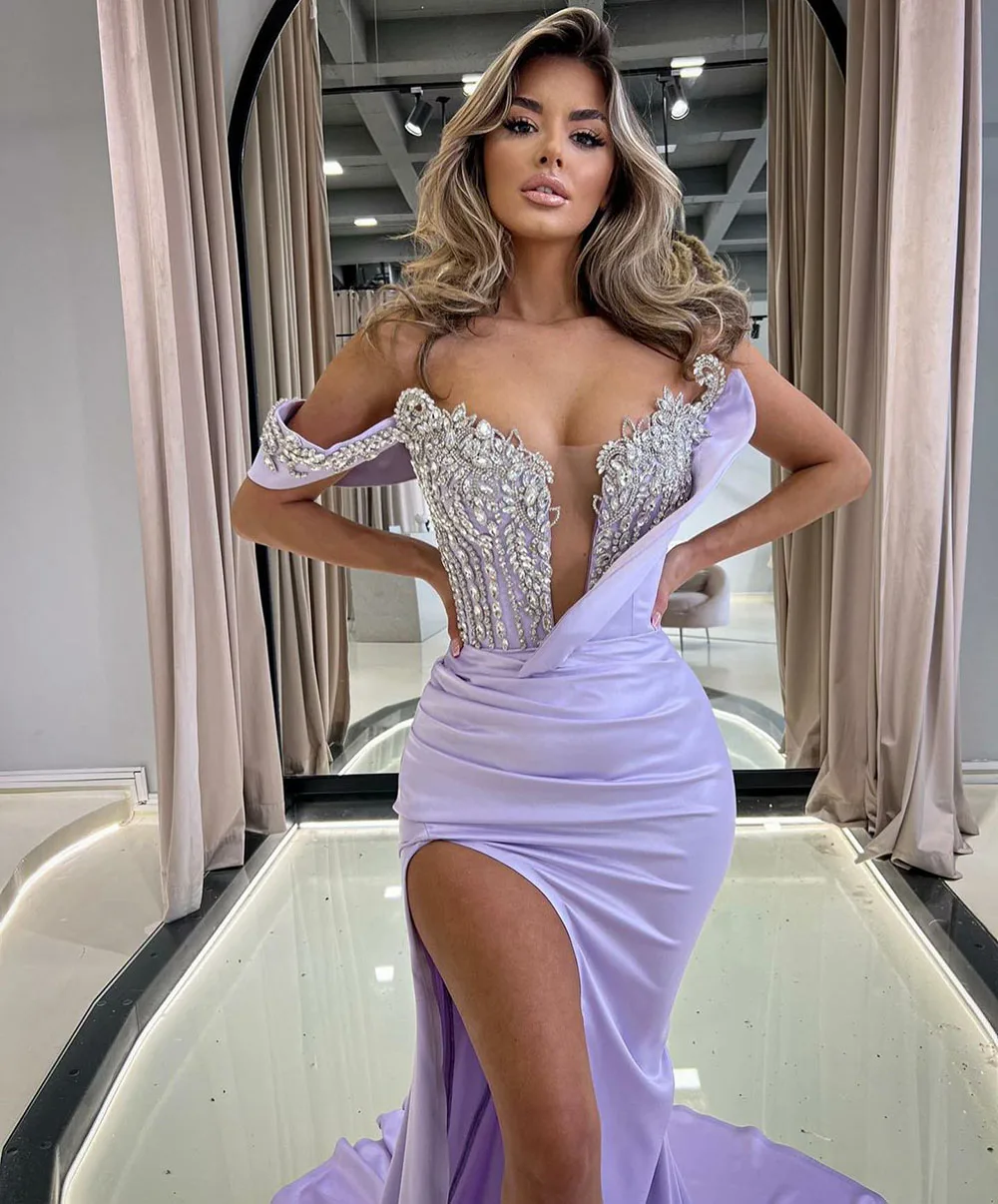 Top Trends: SoDigne Purple Lace Beadings Mermaid Evening Dresses Off Shoulder Arabic Side Slit Bodycon Celebrity Prom Dress Pleated Formal Shoppable Styles - Image 2