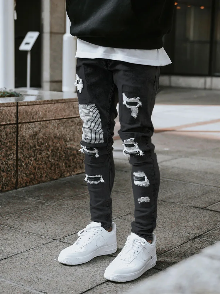 Top Trends: Men's Skinny Ripped Jeans Streetwear Fashion Beggar Patch Men Pencil Pants Grey / Blue Slim Denim Trousers Casual Jeans For Men Shoppable Styles - Image 5