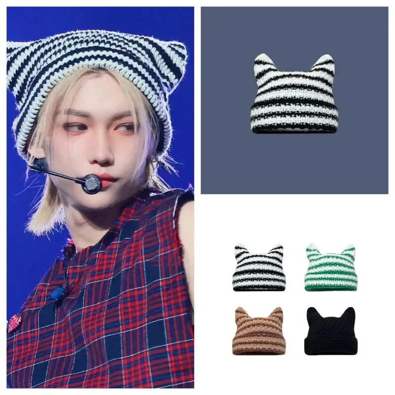 Top Trends: 2023 Korean Wave Stray Kids Felix INS Black And White Stripe Knitted Cat Rabbit Ears Woolen Hat Fashion Trend Accessories Hat Shoppable Styles