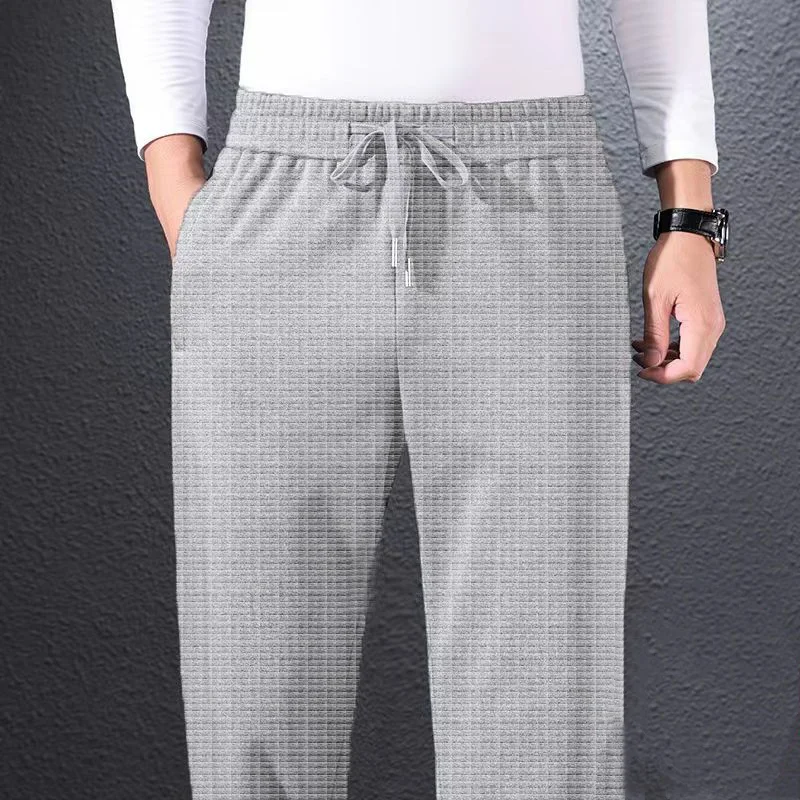 Top Trends: Autumn New Straight Waffle Pants Men&#039;s Elastic Waist Drawstring Print Plaid Pockets Korean Loose Sports Casual Trousers 2023 Shoppable Styles