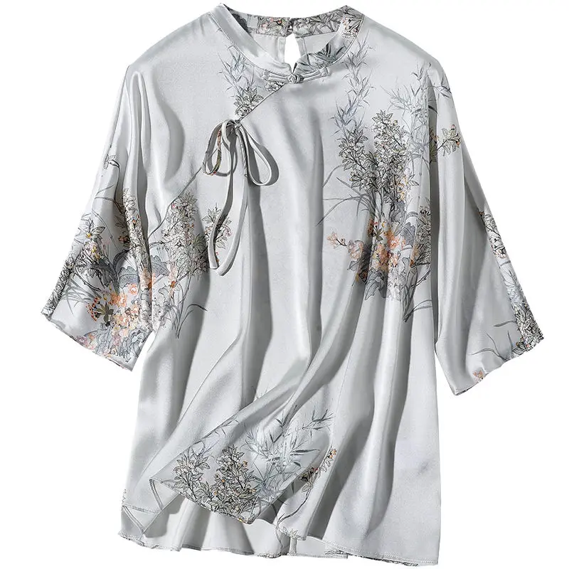 Top Trends: Femme Chinese Style Printing Silk Half Sleeve Stand Collar Blouse Autumn Office Lady Buttons Women Shirts Simplicity Lacing Tops Shoppable Styles - Image 5