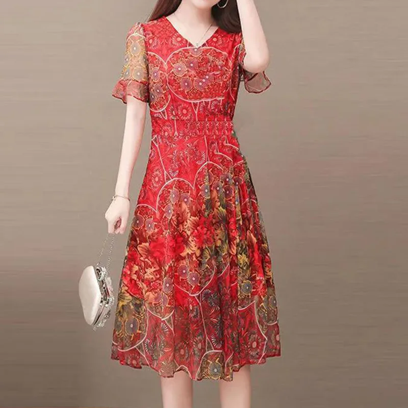 Top Trends: Summer Female Clothing Breathable Mesh Floral Printed Dress Fashion V-Neck Flare Half Sleeve A-line Mid Length Version Dresses Shoppable Styles