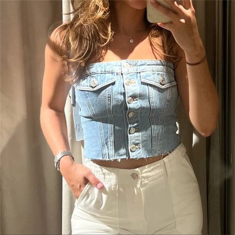 Top Trends: Women Denim Strapless Bandeau Top Backless Bustier Cropped Jean Buttons Tube Tank Top Elastic Back Y2K Vintage Blouse Streetwear Shoppable Styles