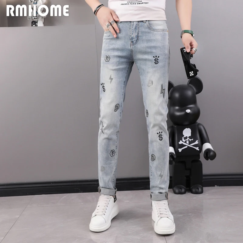 Top Trends: New Trend Men Jeans Embroidered Rhinestone Fashion Design Man Pencil Pants Slim Fit High Quality Versatile Trousers Denim Pants Shoppable Styles