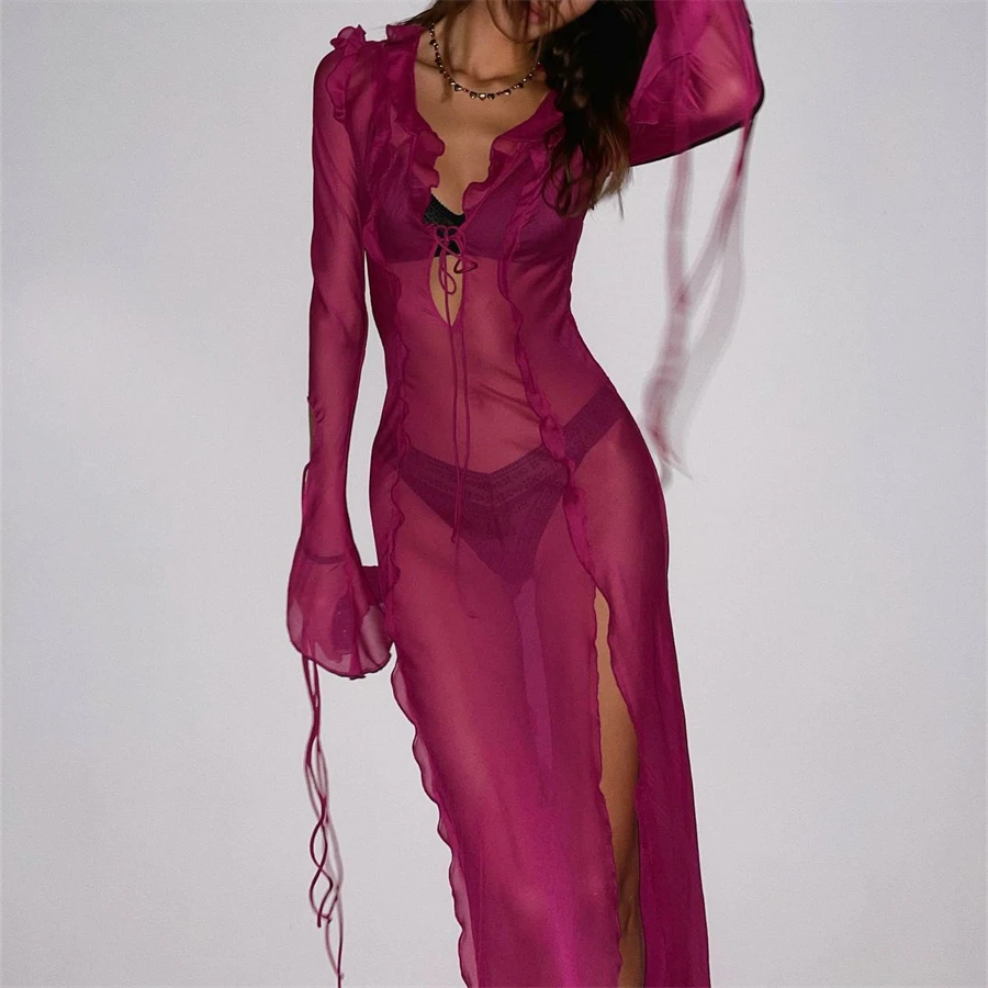 Top Trends: See-through Ruffles Mesh V Neck Tie-Up Beach Long Dress 2023 Summer Sexy Long Sleeve High Split Hem Bikini Cover-Ups Shoppable Styles