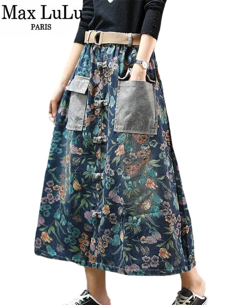 Top Trends: Max LuLu 2024 New Design Women Vintage Denim Printed Flowers Skirt Ladies Elastic Long Skirts Girl A-Line Elegant Casual Clothes Shoppable Styles