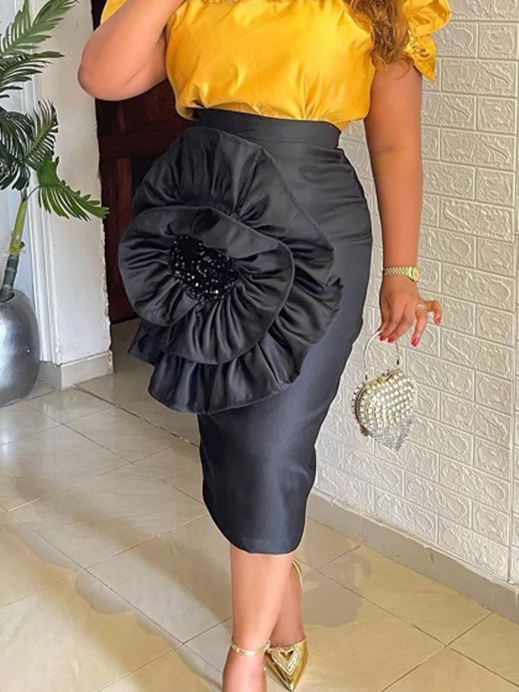 Top Trends: Stylish Women Black Skirt With Big Flower Sequins High Waist Fitted Midi Skirt For Party Club Bodycon Femme Birthday Date Out Shoppable Styles