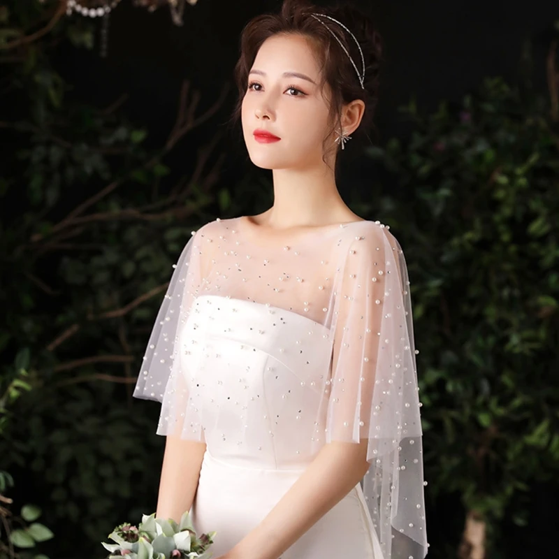 Top Trends: X7YC Women Sheer Tulle Pleated Wedding Shawl Rhinestone Pearl Beads White Capelet Bolero Vintage High Low Shrug Wrap Cover Up Shoppable Styles