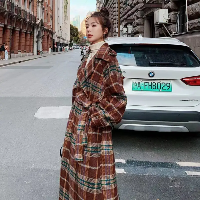 Top Trends: 2022 Autumn And Winter New Temperament Retro Simple Medium And Long Loose Plaid Belt All-match Woolen Coat Women's Trend Shoppable Styles - Image 2