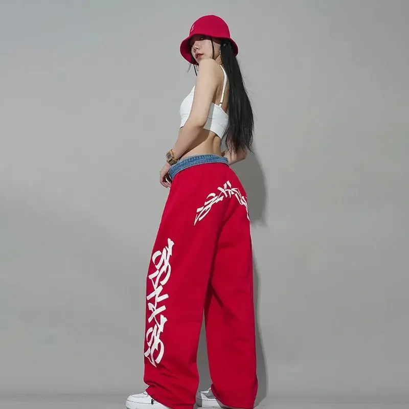 Top Trends: American Street Alphabet Red Loose Straight Drawstring Mopping Casual Pants Jazz Dance Hiphop Hip Hop Sports Pants Women&#039;s Pants Shoppable Styles