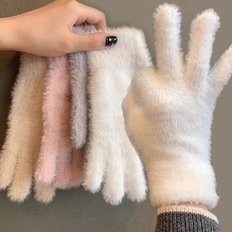 Top Trends: Mink Velvet Gloves Women Winter Warm Plush Five Finger Gloves Outdoors Solid Color Glove Cute Fur Fluffy Wrist Warmer Mittens Shoppable Styles