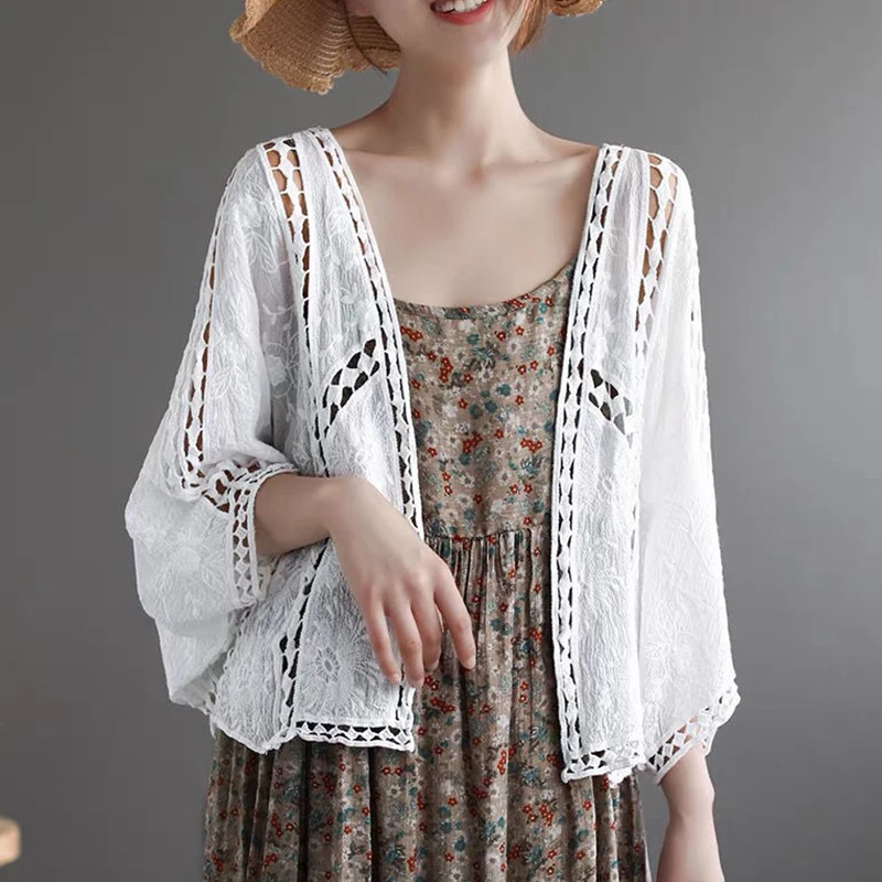 Top Trends: Summer New Vintage Hollow Hook Flower Pure Cotton Cardigan Air Conditioned Shirt Fashion Cloak Women&#039;s Coat Thin Sun Protection Shoppable Styles