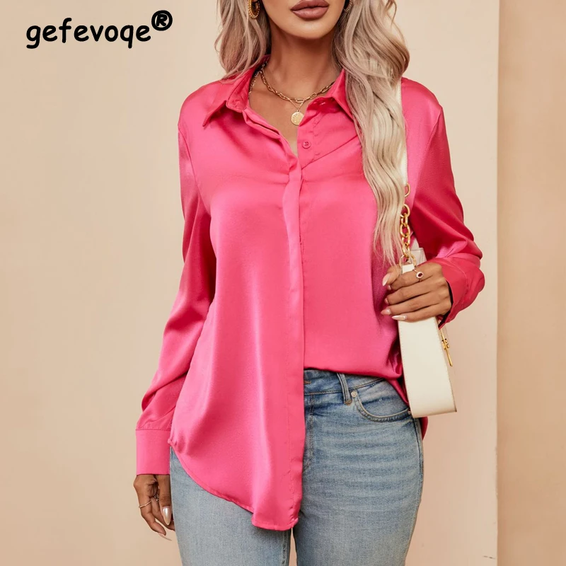 Top Trends: Women Vintage Satin Silk Turn Down Collar Button Up Shirt Autumn Fashion Office Lady Casual Blouse Long Sleeve Solid Tops Blusas Shoppable Styles