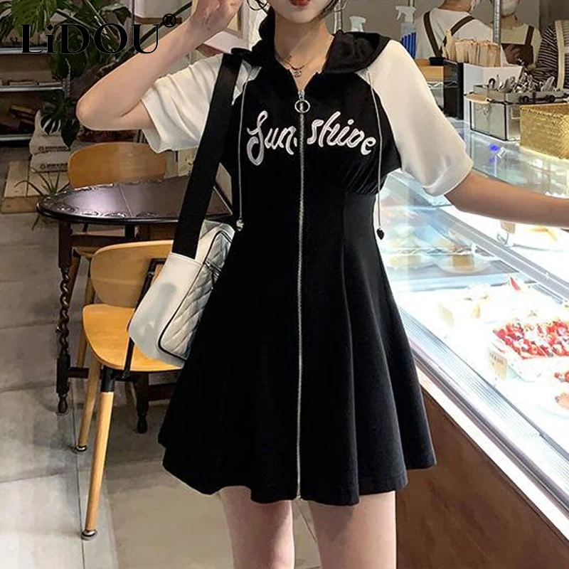 Top Trends: 2023 Summer New Hooded Letter Printing Contrast Color Patchwork Drawstring Mini Dress Women Fashion Loose Zipper A-line Skirt Shoppable Styles