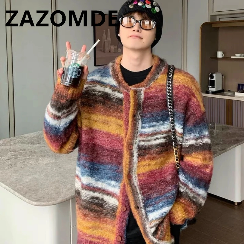 Top Trends: ZAZOMDE Winter Stripe Contrast Color Sweaters Men Autumn Loose Couple Cardigan Sweater Knit Fashion Brand Jumper Casual Clothes Shoppable Styles