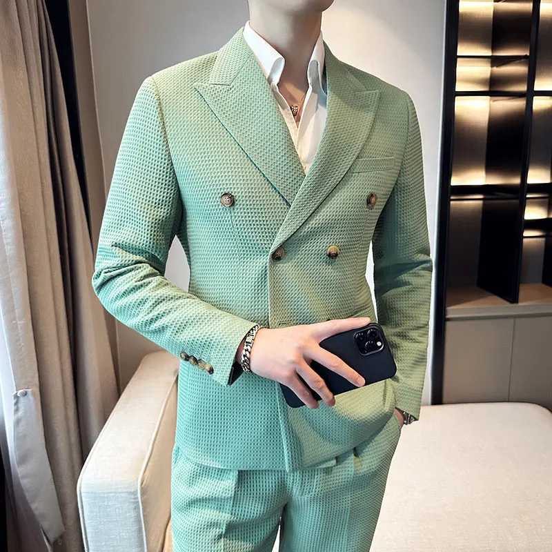 Top Trends: (Jacket+ Pants) Men Blazers High Quality Double Breasted Business Suits / Male Slim Fit Waffle Groom's Wedding Dress Casual Tuxedo Shoppable Styles - Image 2