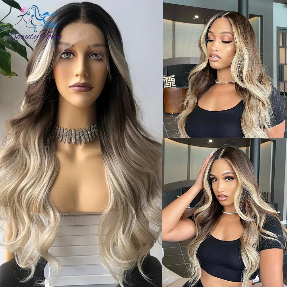 Top Trends: Grey Blonde 13x3 Synthetic Lace Front Wig Ombre Brown Blonde Body Wave Wigs For Women Heat Resistant Cosplay Daily Use Wig 180% Shoppable Styles