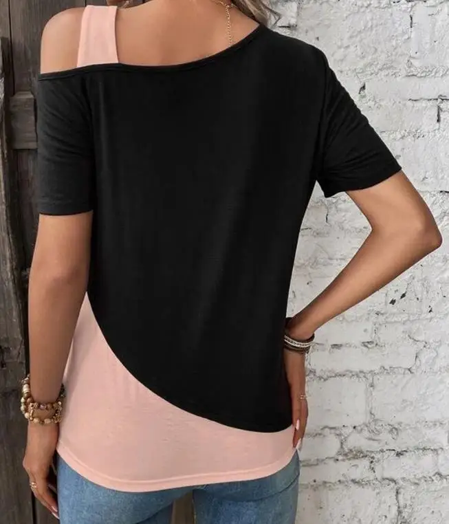 Top Trends: Top Women 2023 Summer Fashion Colorblock Cold Shoulder Short Sleeve Casual Daily T-Shirt Top Y2K Clothes Shoppable Styles - Image 3