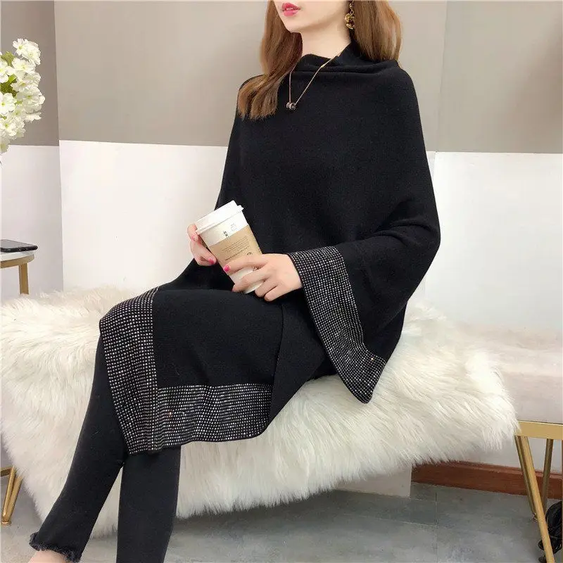 Top Trends: Sweater Pullover Cloak Cape Bat Knitwear Diamond Inlaid Little Fragrant Sweater Irregular Coat Elegant Temperament Top Shoppable Styles - Image 4