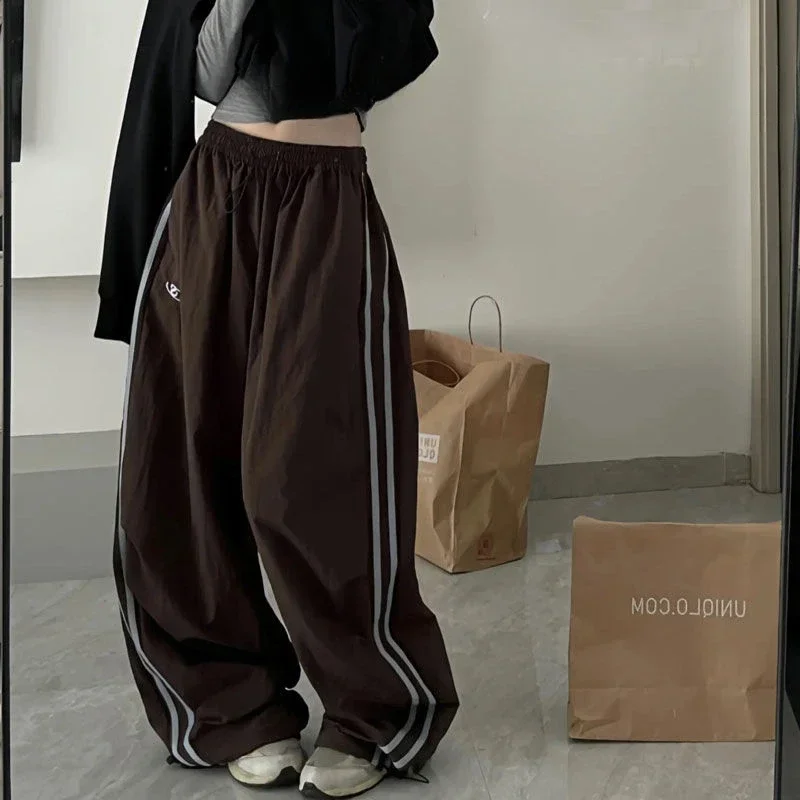 Top Trends: Deeptown Harajuku Parachute Brown Pants Women Vintage Oversize Cargo Trousers Korean Fashion Striped Patchwork Sweatpants Street Shoppable Styles