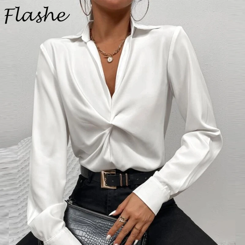 Top Trends: Autumn Lapel White Shirt Women Elegant Commuting Tops Fashion Casual V Neck Long Sleeve Blouses Blusas Shoppable Styles