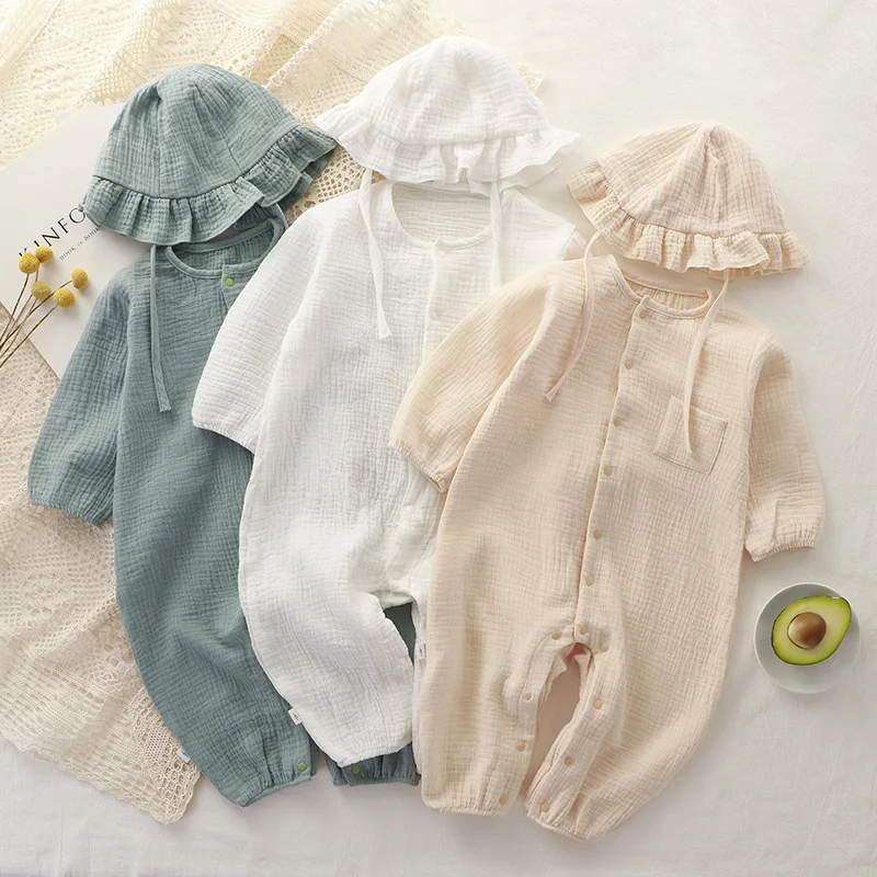 Top Trends: Muslin Baby Jumpsuit Hat Long Sleeve Cotton Toddler Romper For Boys Girls Solid Color Spring Autumn Baby Clothes Newborn Onesie Shoppable Styles