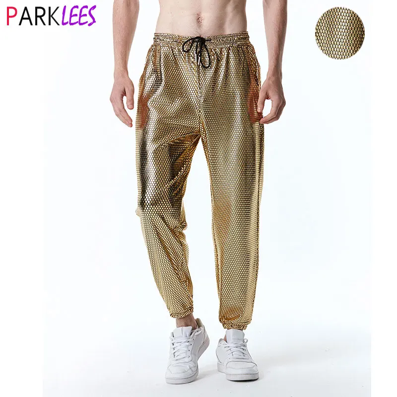 Top Trends: Mens Metallic Shiny Gold Fish Scales Jogger Sweatpants 70s Disco Dance Harem Pants Men Nightclub Stage Party Streetwear Trousers Shoppable Styles