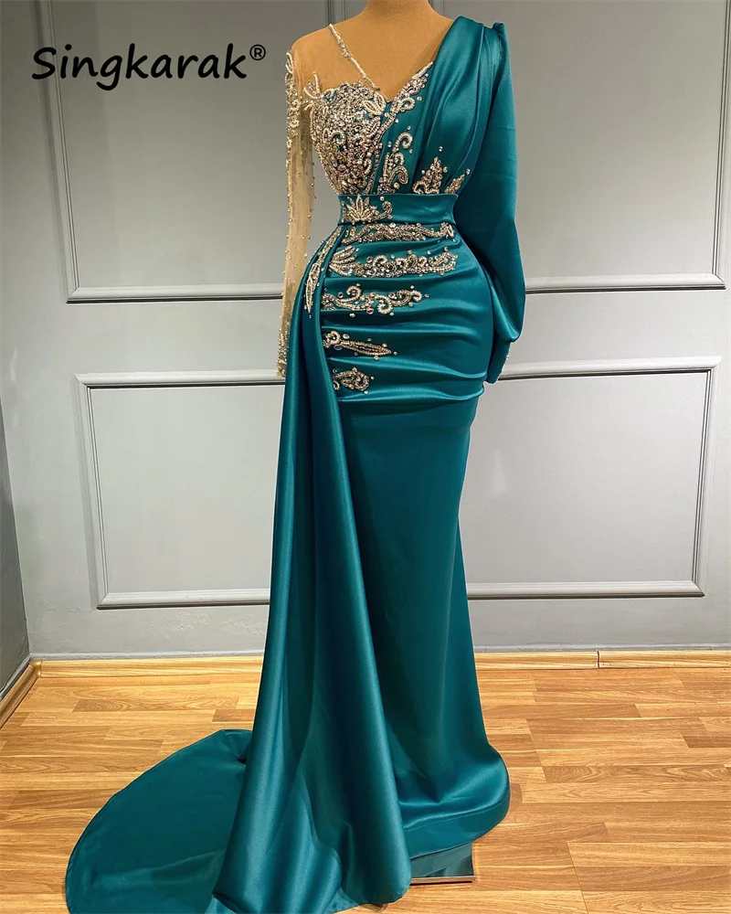 Top Trends: Sparkly Diamonds Muslim Mermaid Evening Gowns Long Sleeve Pearls Crystals Beads Exquisite Prom Dresses Dubai Wedding Party Gowns Shoppable Styles