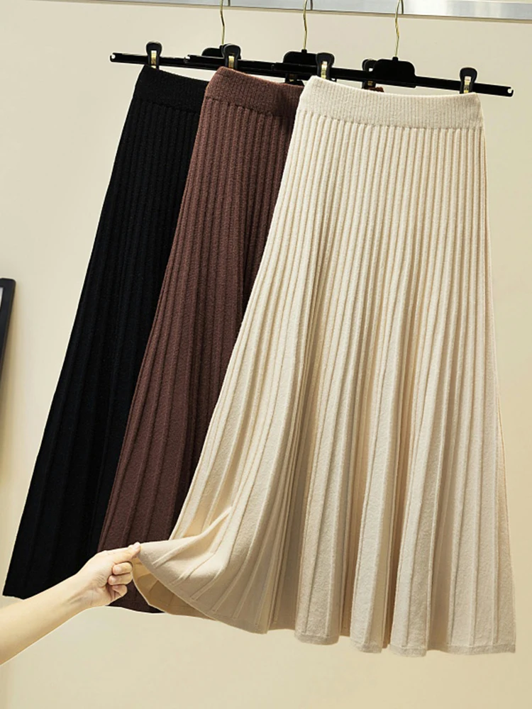 Top Trends: Knitted Skirts Women Autumn Thick Pleated Long Skirt Vintage High Waist Ribbed Female Solid Skirts Casual Streetwear 2024 Shoppable Styles